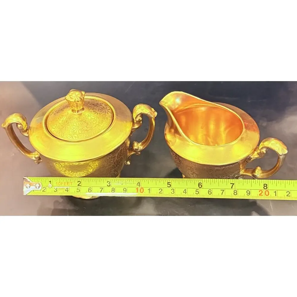 Vintage Pickard Set Gold Encrusted Floral Creamer Sugar Salt and Pepper 5 piece